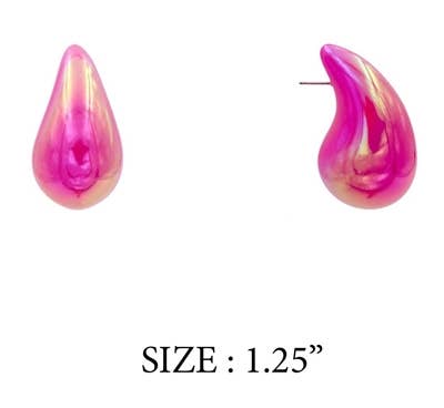 A pair of hot pink holographic teardrop earrings. 