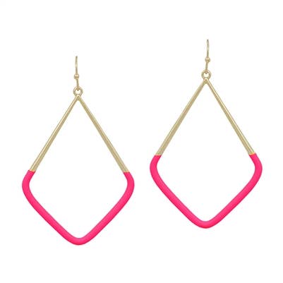 A pair of dangling earrings in a hollow diamond shape and features gold and hot pink.