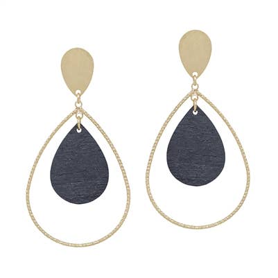 A pair of gold and black wood earrings in the shape of a teardrop.