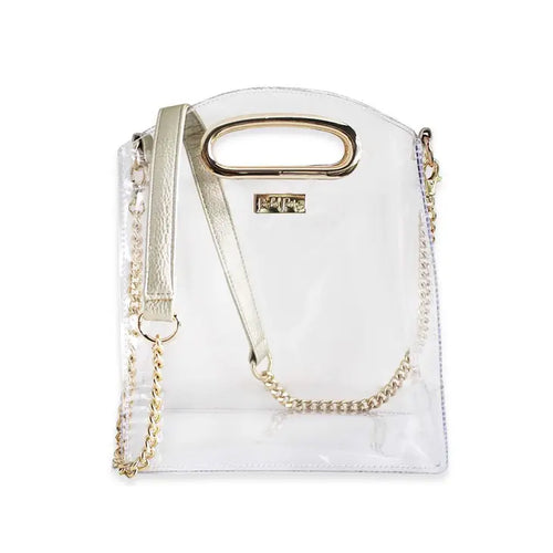 A clear crossbody purse with gold detailing along with a gold and champagne colored strap.
