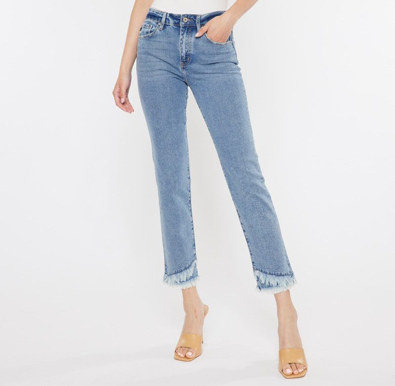 A pair of light-wash jeans with a mid-rise waist, cropped straight leg, and double frayed hem.