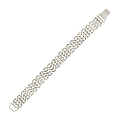 A silver thin chain watch style bracelet. 
