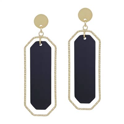 A pair of large earrings in a long octagon shape and features black and gold.