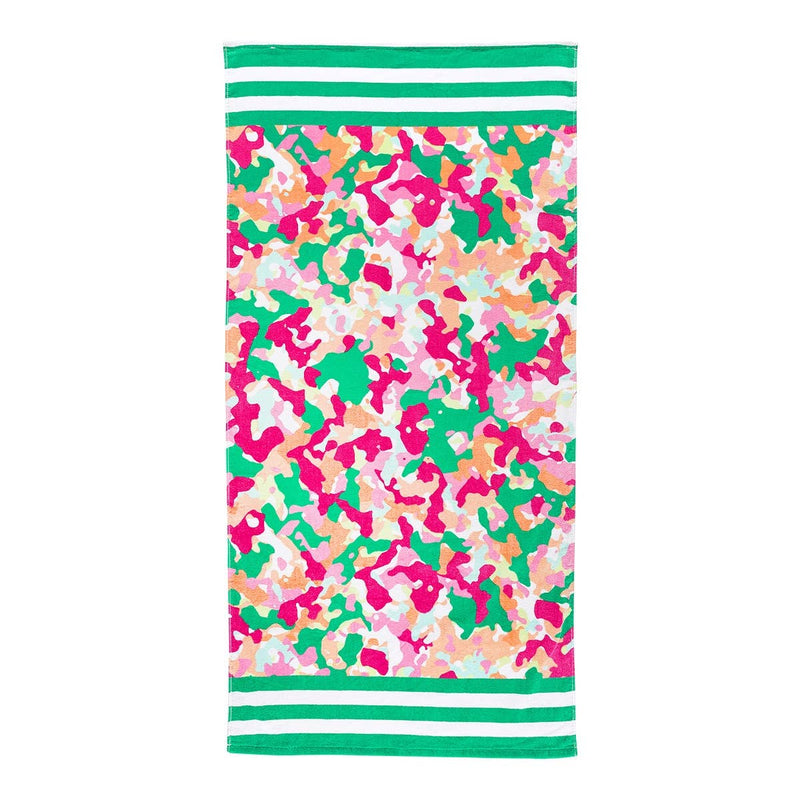 A large beach towel in a pink and green camo print along with green and white stripes on the ends.