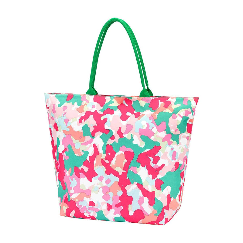 A large beach tote in a pink and green camo fabric and green strap.