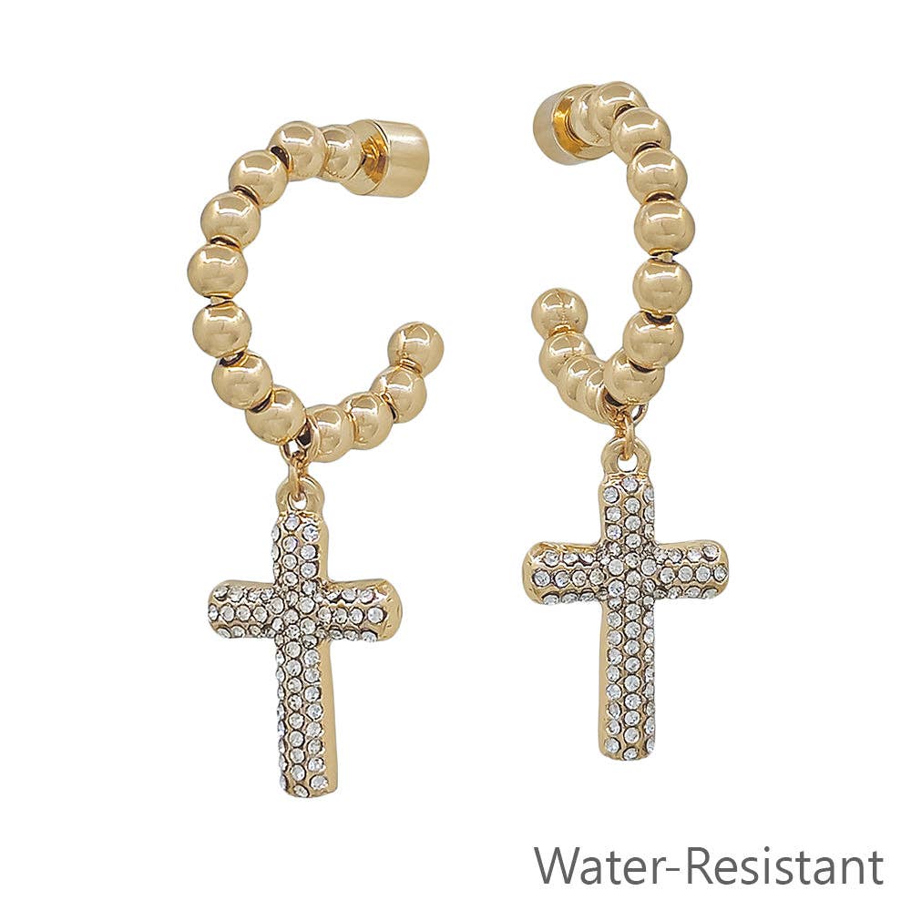 Water Resistant Gold Beaded with Rhinestone Cross 1.5" Hoop Earring