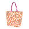 A beach tote with a white background, orange and pink animal print, and hot pink strap.