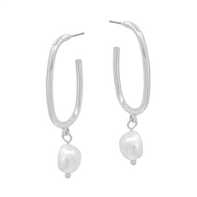 A pair of silver oval hoops with a pearl pendant. 