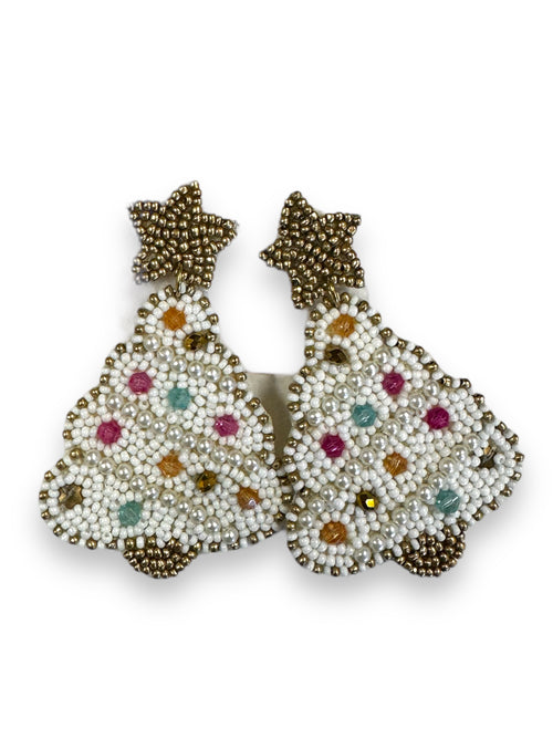 A pair of large beaded earrings in the shape of a white and gold christmas tree with multicolored ornaments.