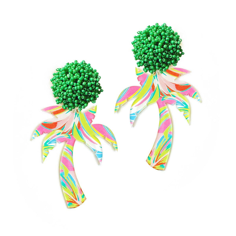 A pair of multicolored earrings in the shape of palm trees.