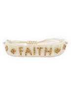 A white beaded bracelet with gold lettering of "faith" and an adjustable strap.