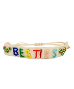 A beaded strap bracelet with "Besties" written in various bright colors and features an adjustable strap.