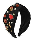 A black wide headband with basketball themed charms.