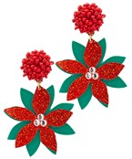 A pair of bright red and green dangling earrings in the shape of poinsettias.