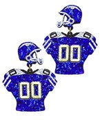 A pair of royal blue earrings in the shape of a football helmet and jersey.