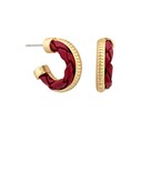 A pair of small gold and maroon hoops. 