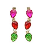 A pair of dangling earrings with pink, red, and green christmas lights stacked on top of each other.
