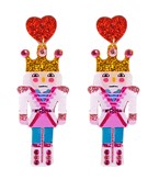 A pair of dangling earrings in the shape of nutcrackers which features colors like pink, blue, and red.