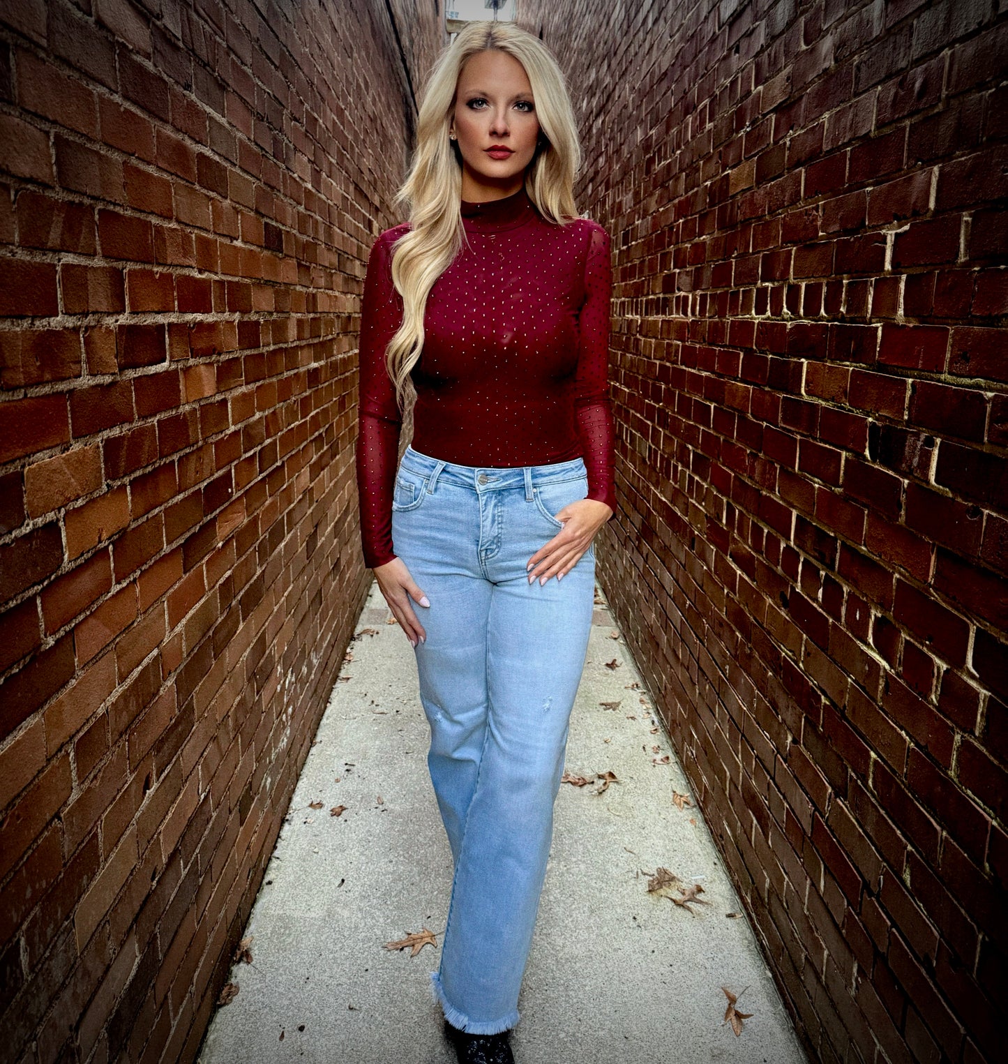 Embellished Mesh Mock Neck Top