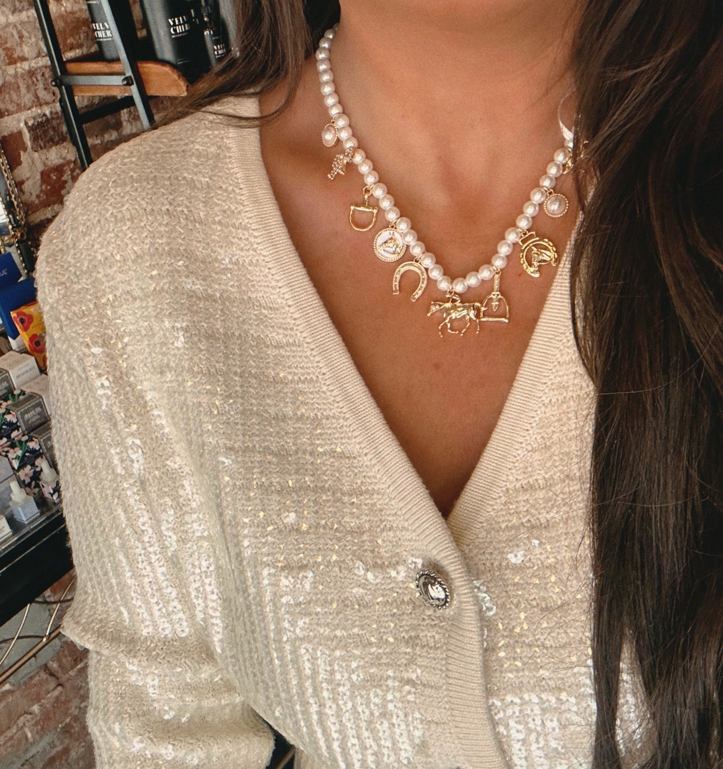 Equestrian Multi Charm Pearl Necklace in Ivory