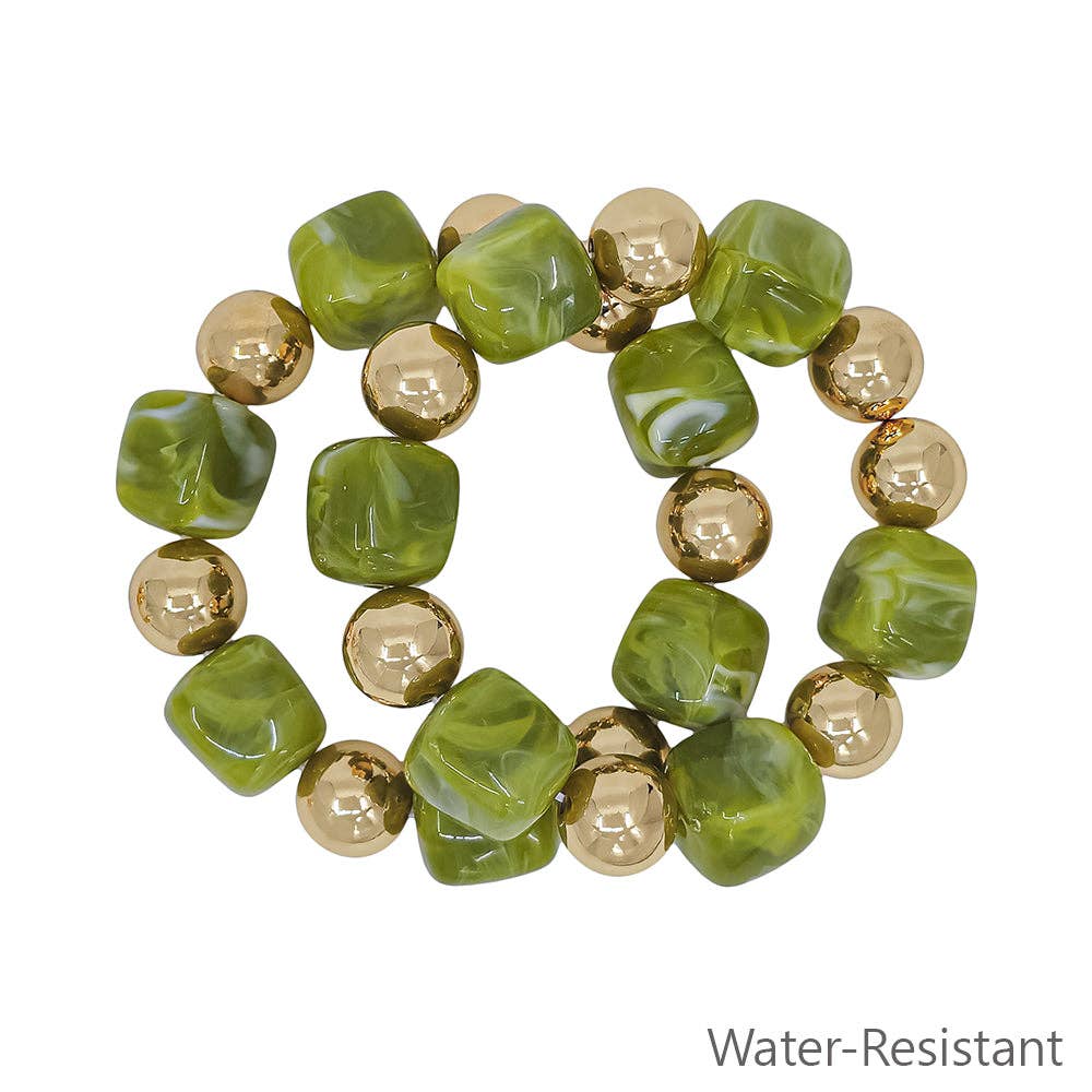 Water Resistant Set of 2 Gold and Olive Green 16mm and 14mm Stretch Bracelets
