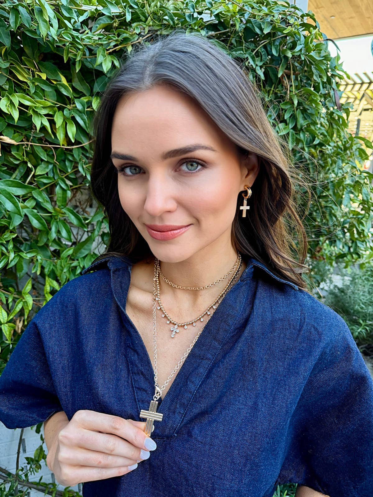 Elizabeth Pave Cross Ball Bead Necklace in Shiny Gold