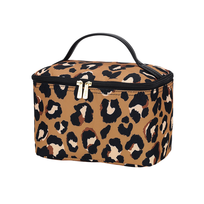 A brown, black, and nude leopard print cosmetic bag with a black handle and gold hardware.