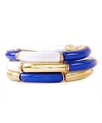 A set of blue white and gold bangles.