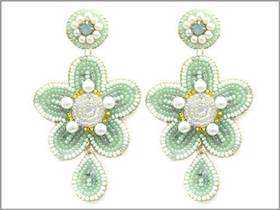 A pair of teal beaded earrings in the shape of a flower.