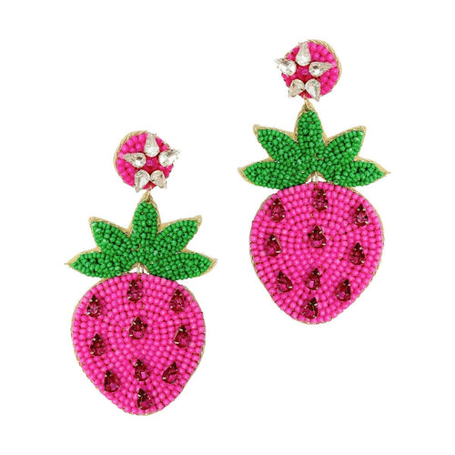 A large pair of beaded earrings in the shape of pink and green strawberries.