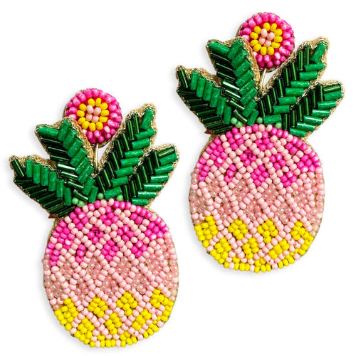 A pair of beaded earrings in the shape of pink, yellow, and green pineapple.