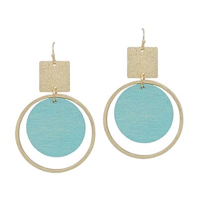 A pair of gold and teal earrings that have a circular shape and textured square stud.