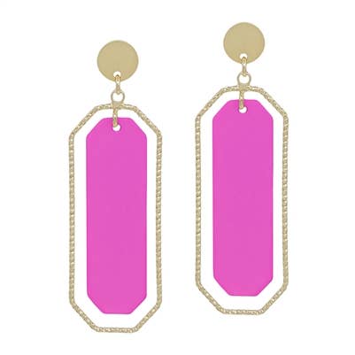 A pair of hot pink dangling earrings with gold detailing.