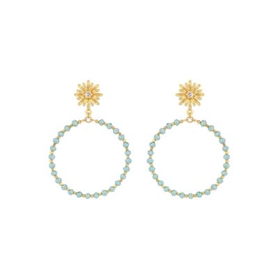 A pair of dangling earrings which feature a hollow circle shape and includes mint green beading along with gold details. 