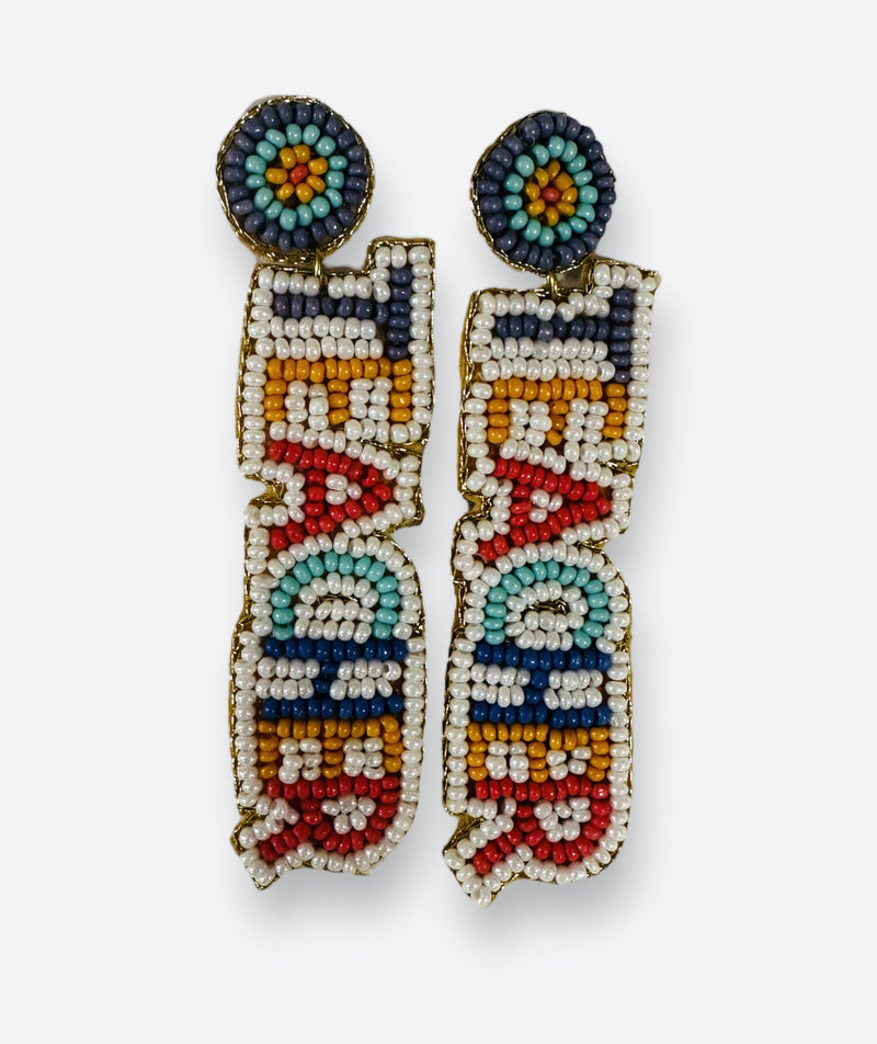 A pair of dangling beaded earrings that say "teacher" in multicolor.