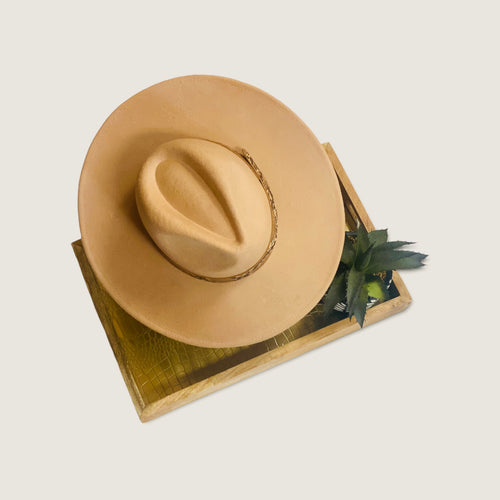 A tan wool wide brim fedora with a snake skin strap around the top.
