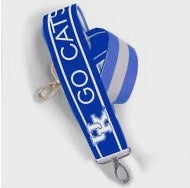 A blue and white purse strap that reads "go cats".