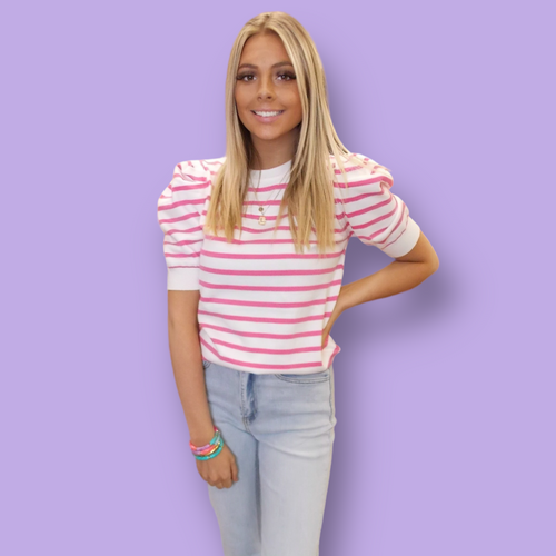 A white and pink striped short-sleeve sweater with puff sleeves. 