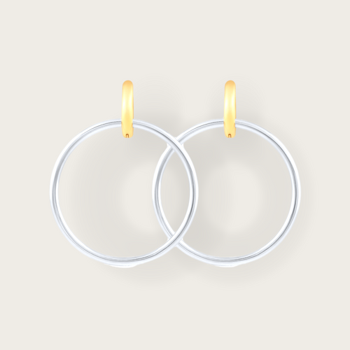 A pair of circular, dangling earrings with a gold stud and silver hoops.