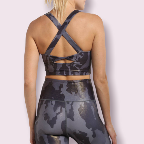 A black and grey camo foil sports bra featuring a cross back.