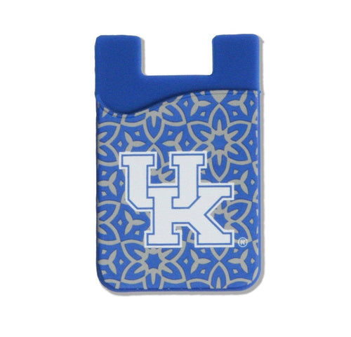 A royal blue sticky phone wallet with the University of Kentucky logo in white and a grey floral print.