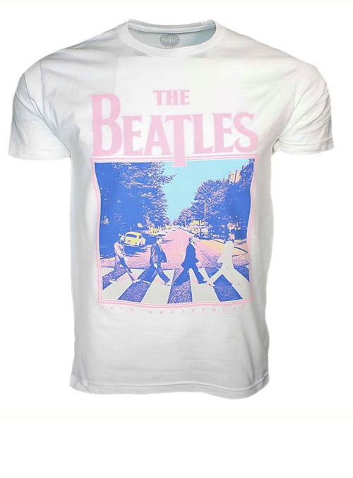 A white graphic t-shirt with "The Beatles" written across the chest in light pink and a pastel colors Beatles album cover below.
