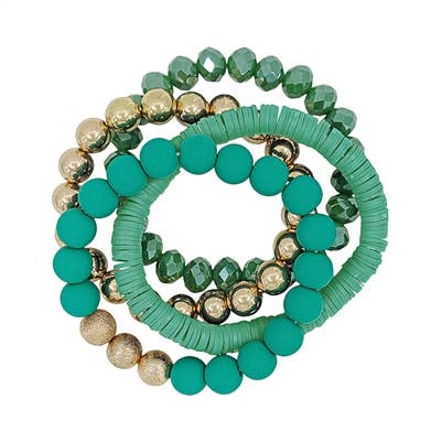 A set of 4 green and gold bracelets featuring unique beading and texture.