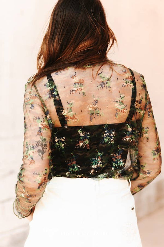 Camo Printed Lace Long Sleeve Stretch Top