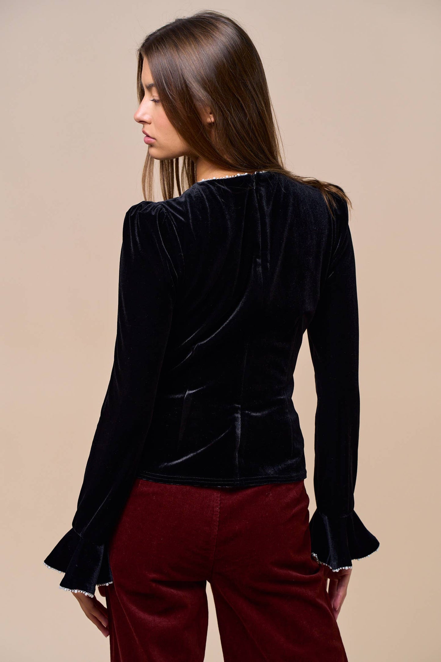 Velvet Touch Pearl Trim Long Sleeve Top