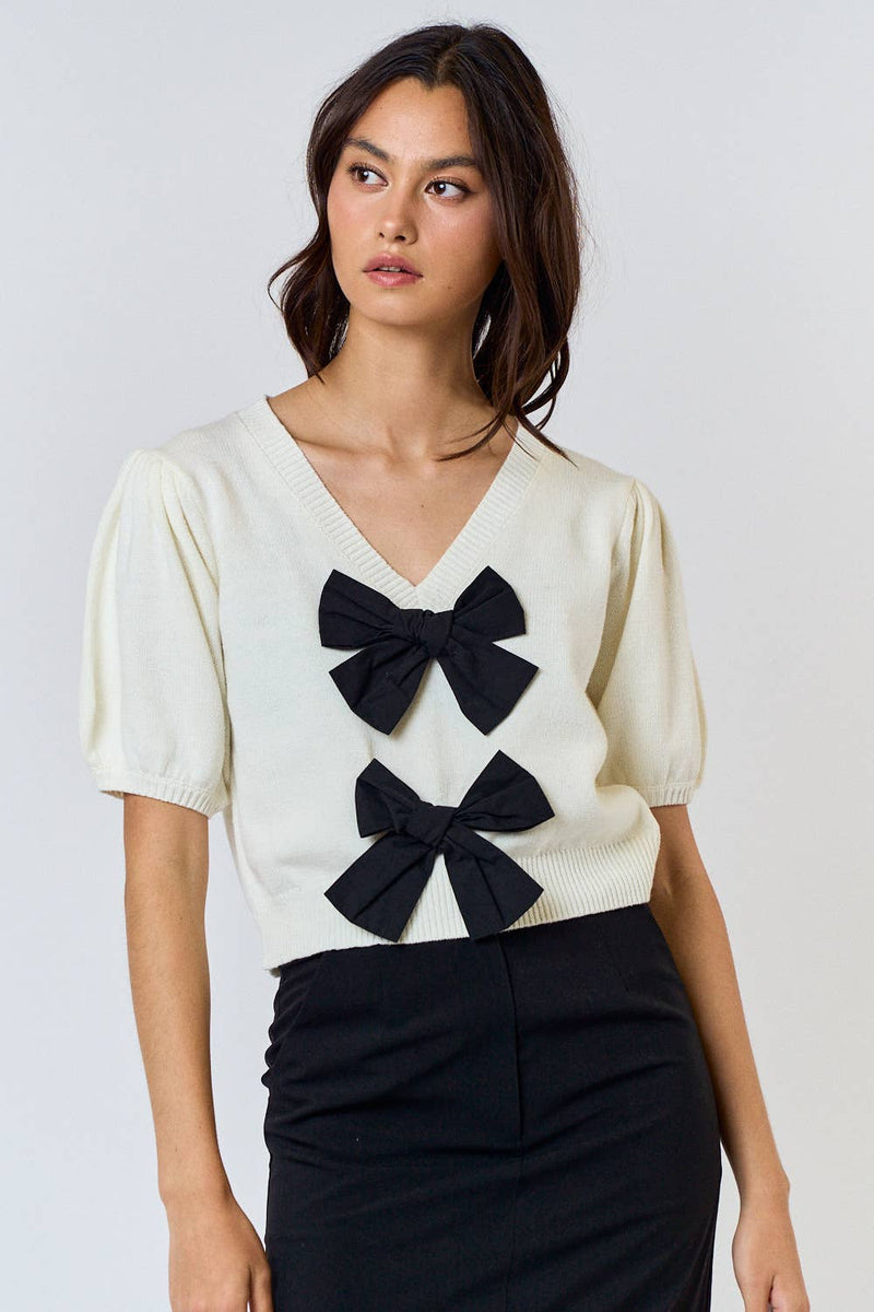 ILT3706 BOW FRONT V-NECK PUFF SLEEVE SWEATER TOP