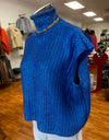 Royal Blue Metallic Turtleneck Sleeveless Sweater