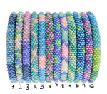 Multi-colored roll-on beaded bracelets.