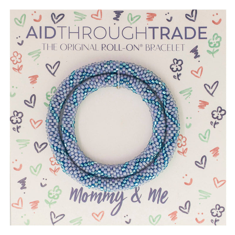 A blue and lilac colored roll-on bracelet featuring a large size for mom and a small size for daughter.