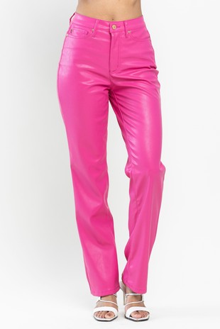  A neon pink high-waisted pair of leather pants.